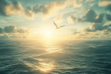 Poster - A bird soaring above the ocean's surface as the sun sets in the background