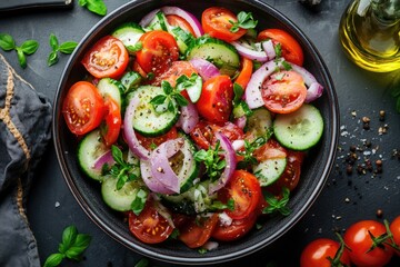 Poster - A bowl filled with sliced tomatoes and cucumbers, perfect for snacking or adding to salads
