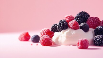 Poster - A colorful arrangement of fresh raspberries and blackberries on a bright pink surface