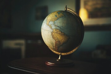 Poster - Small globe sits atop a wooden table, perfect for travel or office decor