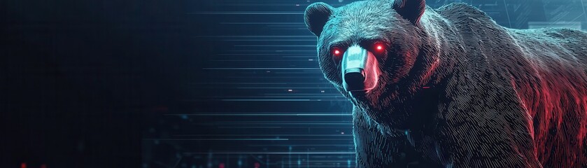 Poster - A digital artwork featuring a bear with glowing red eyes, set against a dark, abstract background, blending nature with futuristic elements.