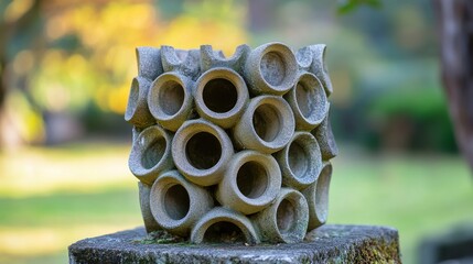 Poster - Abstract Stone Sculpture with Circular Openings in Natural Setting