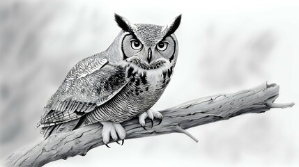 great horned owl in monochrome detailed wildlife portrait
