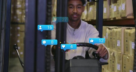 Poster - Operating forklift in warehouse, man with animation of social media icons
