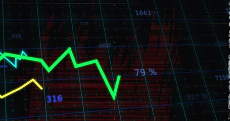 Poster - Animation of green line graph increasing 65% over red and blue grid background
