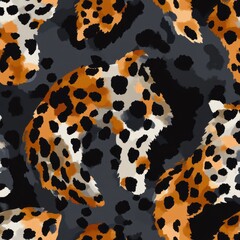 Poster - Vibrant Abstract Animal Print Pattern Featuring Orange, Black, and Beige Spots on a Dark Background for Fashion and Textile Design
