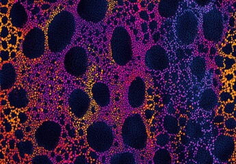 Poster - Vibrant Abstract Pattern with Dots and Circles in Bright Shades of Purple, Orange, and Yellow on Dark Background for Background or Texture Use