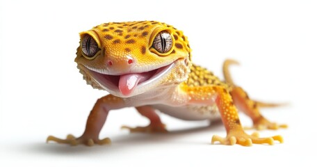 Poster - Vibrant and Playful Leopard Gecko in Bright Studio Light with Tongue Out, Showcasing Unique Patterns and Textures for Nature Photography Enthusiasts