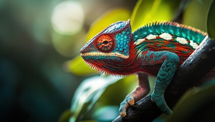 Poster - Vibrant Chameleon on Branch Surrounded by Lush Green Leaves, Showcasing Unique Color Patterns and Texture in Nature's Ecosystem