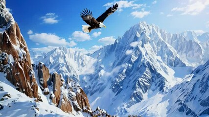 Poster - An eagle soaring high above snow-covered mountains, with a backdrop of majestic peaks under a clear blue sky. The panoramic view captures the grandeur and beauty of nature's scenery