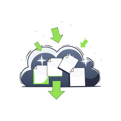 Poster - Cloud storage vector featuring documents and download arrows, symbolizing data transfer, backup, and online file sharing in a modern, digital style.