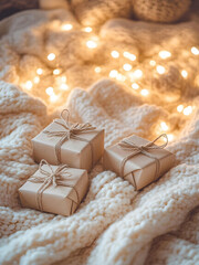Poster - Three small, brown paper gift boxes with twine bows rest on a cozy, textured blanket amidst warm