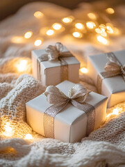 Poster - Three small, brown paper gift boxes with twine bows rest on a cozy, textured blanket amidst warm