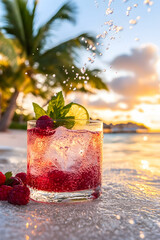 Wall Mural - raspberry cocktail on beach at sunset
