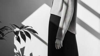 Poster - Elegant Fashion Display with Shadows and Greenery in Monochrome
