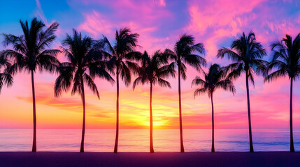 Wall Mural - vibrant sunset silhouettes of palm trees on a tranquil beach