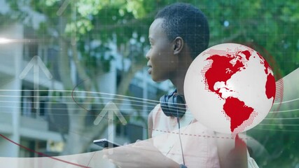 Poster - Young person holding phone with global network animation overlaying urban background