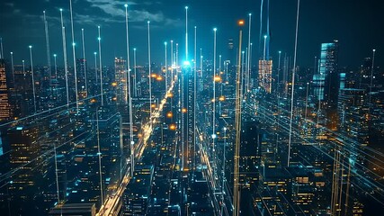 Futuristic city skyline at night with glowing lights and data streams illuminating the streets