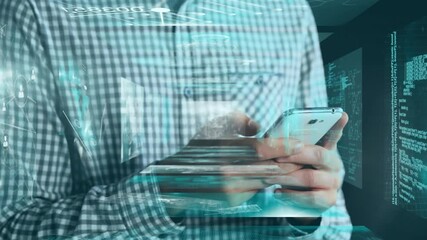 Poster - Using smartphone, person interacting with digital data and animation overlays