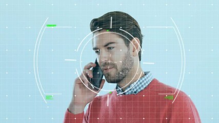 Poster - Talking on phone, man in red sweater with facial recognition animation overlay