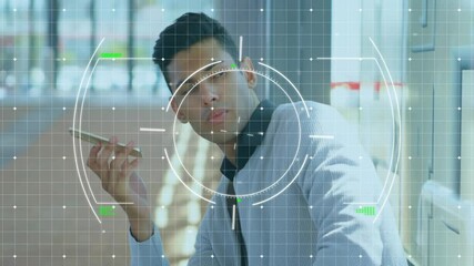Poster - Holding smartphone, man using digital facial recognition animation in school setting