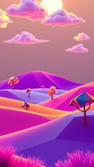 Wall Mural - Vibrant geometric landscape with colorful hills and trees