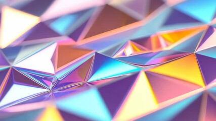 Poster - Abstract Iridescent holographic crystal glass plates reflecting prismatic colors against gradient rainbow background foil, forming dynamic geometric visual with luminescence futuristic video 4k