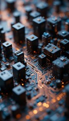 Fototapete - Detailed Close-Up of a Circuit Board with Microchips and Neon Glow