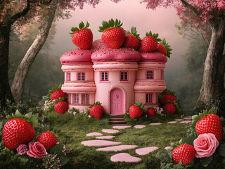 Poster - A whimsical strawberry house nestled in a lush forest, with strawberry accents and a cobblestone path