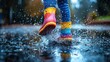 © ezen - Child splashing in puddle, rainboots, autumn park