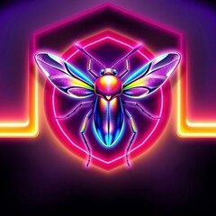 Wall Mural - Colorful digital art of a bee with a neon glow effect and geometric shapes in the background