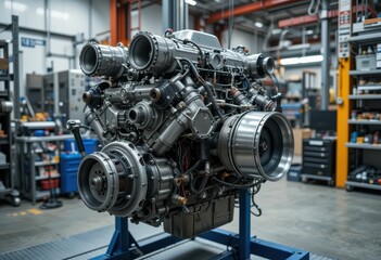 Poster - Detailed Image of a Complex Engine Assembled in a Workshop Environment