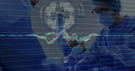 Poster - Surgeons operating, colorful animation data graphs overlaying in hospital scene