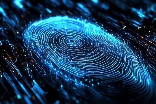 A digital illustration of biometric technology, with an animated blue holographic fingerprint in the center. The background is dark and blurred to emphasize the subject. There is no text or other elem