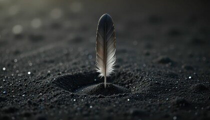 Poster - Elegant Feather Standing Alone on Dark Sand with Soft Sparkle Effects