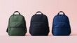 © Niken - Three Stylish Backpacks in Green, Black, and Blue Stand Side by Side