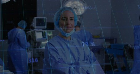 Poster - In hospital, animation overlaying data on medical professional in scrubs