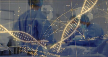 Poster - Medical professionals in scrubs analyzing DNA strand and scientific data animation