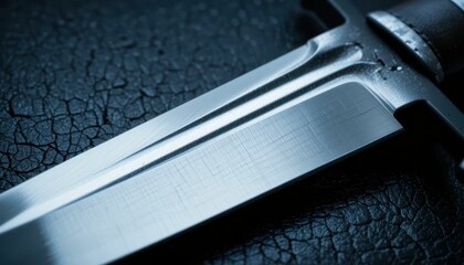 Poster - Close-up of Sharp Metal Blade on Dark Leather Background