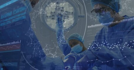 Poster - In surgery, medical professionals working with data processing animation overlay