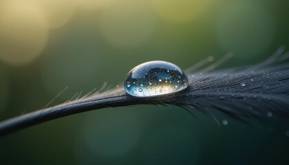 Poster - Water Droplet on a Feather with Soft Blurry Background Lights