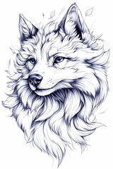  Pen-and-ink drawing of a majestic white fox head with blue eyes and delicate leaf details