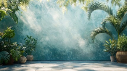 Poster - Lush Greenery Against Colorful Textured Wall in Bright Interior Space