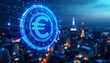 © Muhammad - Euro Symbol with Digital Network Overlays and Blurry Cityscape Background