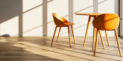 Poster - A bright, minimalist interior featuring a wooden table and chairs, enhanced by soft shadows and natural light.