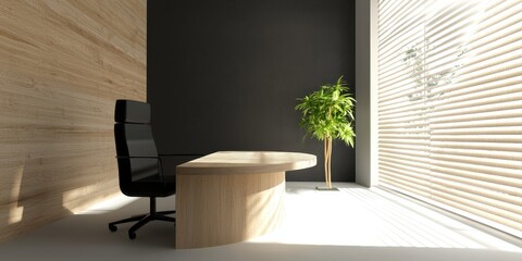 Aufkleber - A modern office space featuring a sleek wooden desk, an ergonomic chair, and a small green plant, illuminated by natural light from the blinds.