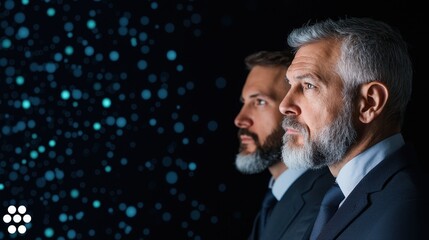 Fototapete - Two men in suits face a dark backdrop with shimmering blue lights, evoking a sense of contemplation and professionalism.