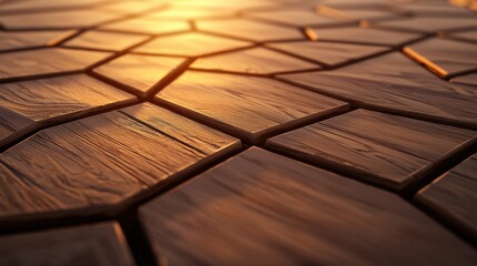 Poster - A close-up view of textured wooden planks illuminated by warm sunlight, highlighting the natural patterns and grains of the wood.
