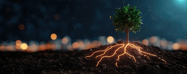 Aufkleber - A glowing tree with illuminating roots stands out against a dark background, symbolizing growth and connection.