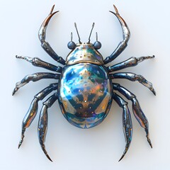Poster - A detailed macro photograph of a metallic blue beetle, showcasing its iridescent exoskeleton and intricate details. Isolated on white background. Metallic Tick Arachnid